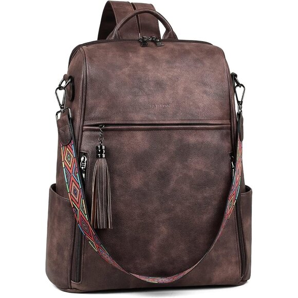 Women Coffee Brown Retro Style Backpack Designer 15.6 inch PU Leather Laptop Bag - Picture 7 of 10